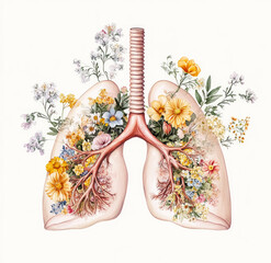 Intricate floral lungs design blending nature with anatomy in a vintage watercolor style on a delicate white background