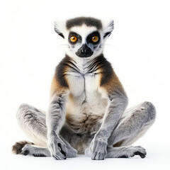 Fototapeta premium Ring-tailed lemur sitting gracefully on a bright white background exuding a playful yet curious demeanor in a tranquil moment of stillness