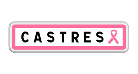 Panneau de sortie de Castres, Tarn, Occitanie avec Ruban Octobre Rose