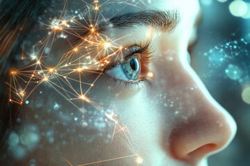 A close-up of a woman's eye overlaid with a network of glowing lines, symbolizing digital connectivity and the human brain.