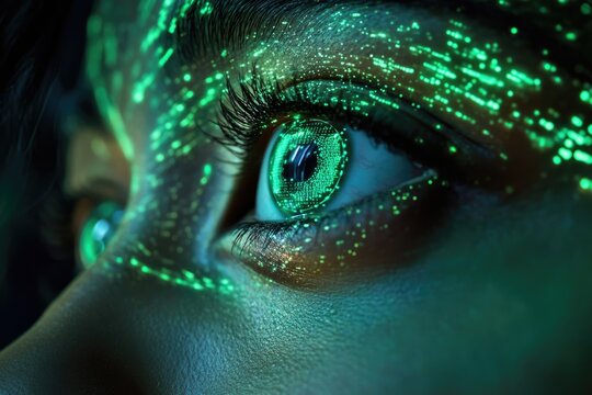 A close-up of an eye with green digital code flowing across the skin, creating a futuristic effect. - Powered by Adobe