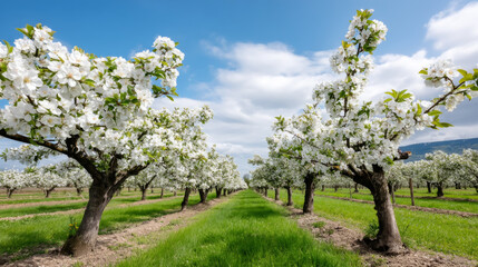 Fototapeta premium Serene spring orchard with blooming trees under a clear blue sky