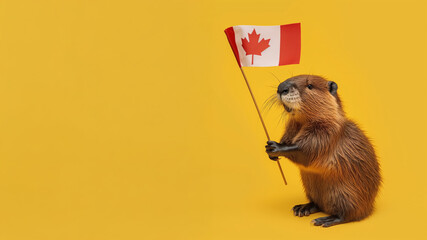 Cute beaver holding Canadian flag on yellow backdrop. National pride and celebration concept.