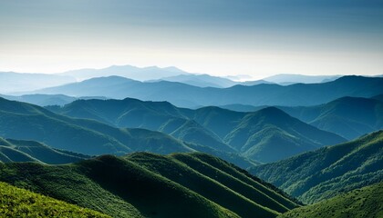 Fototapeta premium hazy emerald green mountain range rolling hills layered topography calm serene minimalist