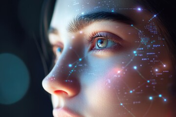 Close-up of a woman's face overlaid with a futuristic digital network visualization.