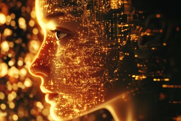 A futuristic depiction of a human face overlaid with glowing circuit board patterns, symbolizing artificial intelligence or technological integration.