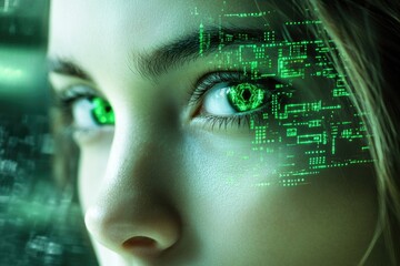 A close-up of a woman's eye with green digital overlay, futuristic technology concept.