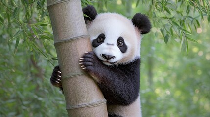 Obraz premium Playful giant panda climbing tree nature wildlife photography