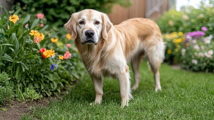 Playful golden dog in grassy area happy canine portrait