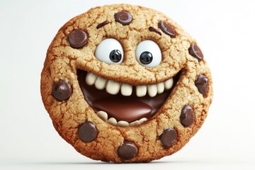 Fototapeta premium A cheerful chocolate chip cookie with big eyes and a wide grin, playfully personified.