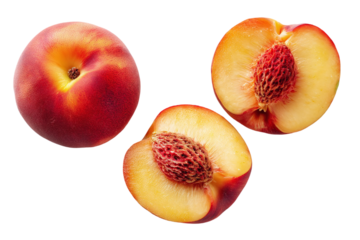 Fresh ripe whole, half, and sliced peach, isolated on a white background, top view showcasing vibrant fruit details 