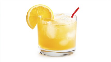 Fototapeta premium Whiskey Sour cocktail isolated on white background with ice and lemon slice. Generative AI