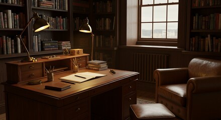 Classic Study Room with Desk, Lamps, and Bookshelves for Interior Design