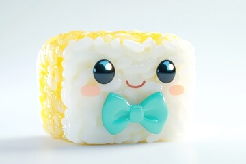 Cute cartoon sushi with a yellow top, wearing a teal bow tie and big eyes.