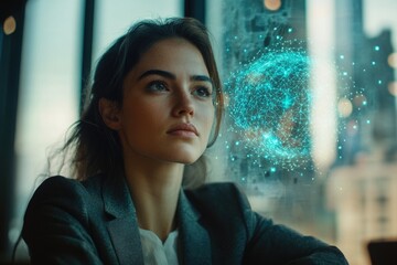 A woman contemplates a glowing digital sphere, symbolizing global connectivity and technological advancement.