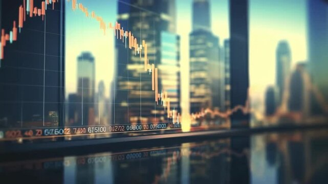 Animated Stock Market Chart with Candlesticks over Cityscape in Modern Financial Office
