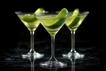 Refreshing Lime Martinis in Elegance Three Classic Cocktails with a Twist of Citrus on a Dark