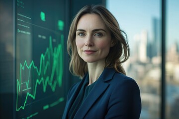 Confident businesswoman standing near a financial data screen showcasing positive growth trends.