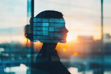 Silhouette of a woman's profile overlaid with a digital grid, symbolizing technology and the future.