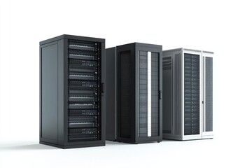 Three modern server racks, black, dark gray, and light gray, stand on a white background.