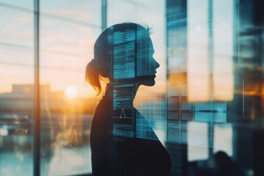 Silhouette of a woman overlaid with data streams, symbolizing the convergence of human intelligence and technology in a modern cityscape at sunset. - Powered by Adobe