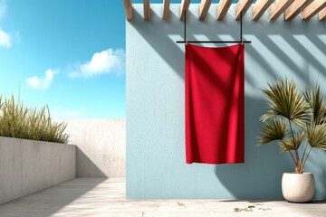 Bright red towel hanging in the sunlit courtyard with plants and blue walls in a serene outdoor setting