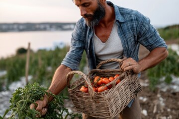 Harvesting ripe tomatoes during sunset at a rural farm near the water