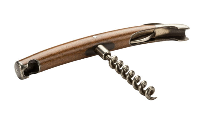 A detailed view of a wooden handled corkscrew with a metal worm extended against a black background