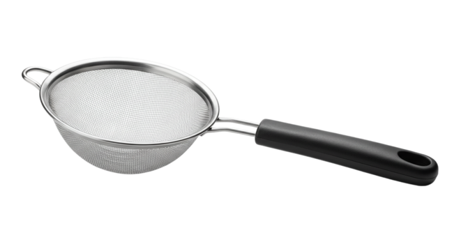 A close up of a silver metal strainer with a black handle on a black background in a studio setting