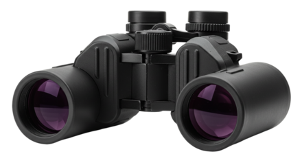 Close up shot of black binoculars with purple lens on a black background in a studio setting view
