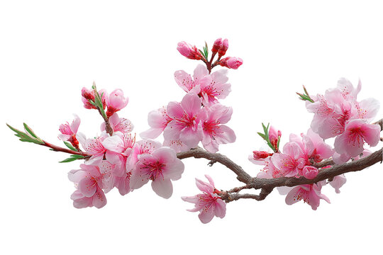 Isolated cherry blossom branch with blooming pink flowers on a white background 