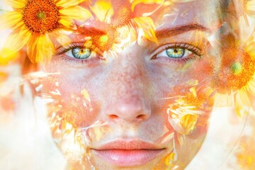 A woman's face artfully blended with sunflowers, creating a vibrant, summery aesthetic.