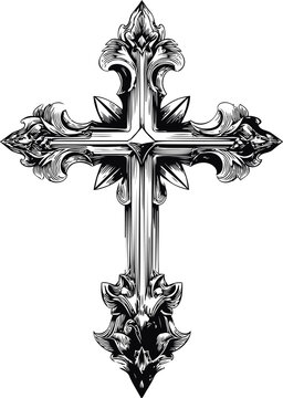 Intricate black and white ornamental cross design illustration in sketch style. Vector illustration