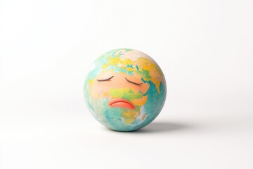 Fototapeta premium A sad Earth globe with a cartoonish face expresses environmental concerns.