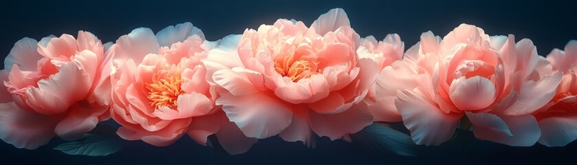 A row of delicate pink flowers against a dark, blurred background, showcasing beauty and floral elegance