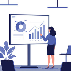 Businesswoman presenting financial charts and graphs in modern office vector illustration 