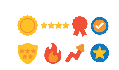 Flat vector icons of top-rated products: gold badge, 5-star icon, best seller ribbon, verified popular label, top reviewed, hot pick icon, trending now, expert pick.