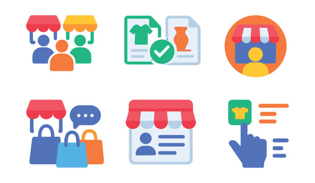 Flat vector icons of multi-vendor marketplaces: different sellers icon, compare offers, seller rating, product from multiple stores, vendor chat, seller page, product selection, store list.
