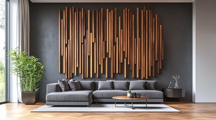 Living room shows couch, wood art, plant, table; interior design, modern, home ads