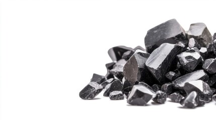 Black Crystals Pile on White Background. Generative AI
