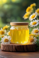 A small glass jar filled with golden liquid, placed on a wooden slice, surrounded by daisies in a soft-focus background