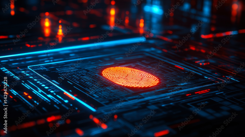 Poster modern technology showcases a glowing fingerprint sensor on a circuit board in a dark setting