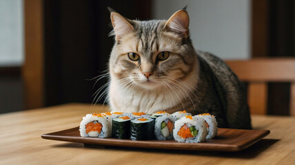 A cat sitting next to sushi rolls 