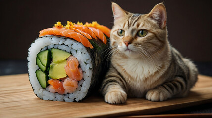 A cat sitting next to sushi rolls 