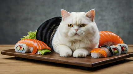 A cat sitting next to sushi rolls 