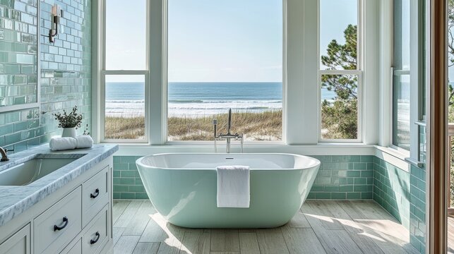 A contemporary beach house bathroom features whitewashed wood paneling, a walk-in shower with turquoise tile walls, and a freestanding bathtub that offers ocean views