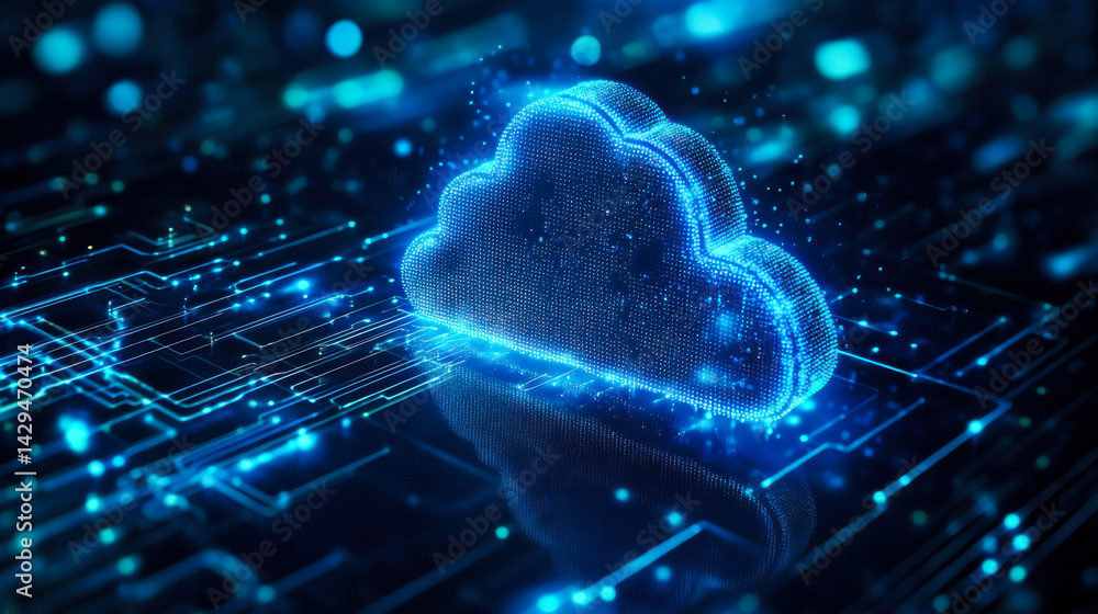 Poster bright digital cloud icon with glowing lines representing data flow in a virtual environment