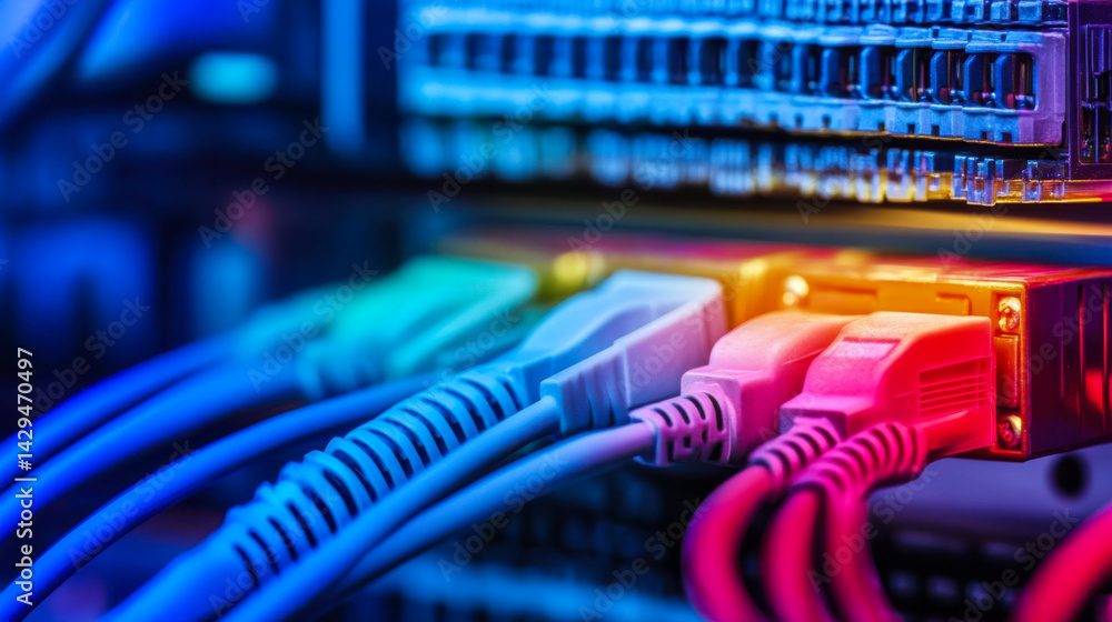 Poster network cables connected to a server switch with colorful lights in a data center environment during