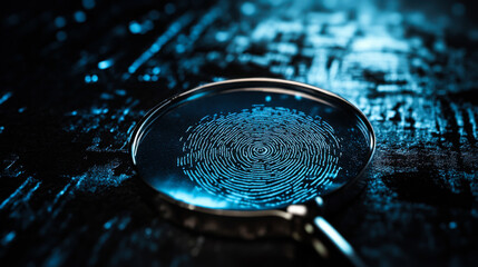 Magnifying glass revealing a detailed fingerprint on a reflective surface in a darkened environment