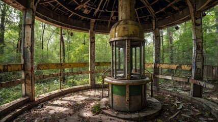 Abandoned Theme park reclaimed by nature , forgotten rollercoaster and Ferris wheel